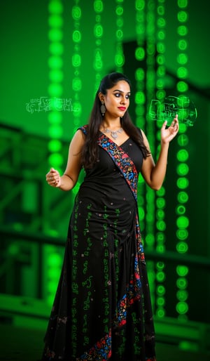  "Matrix: Kairali Warrior"

Description: Visualize a strong, confident Malayali woman dressed in a modern, sleek outfit that combines traditional elements, like a vibrant mundu or kasavu border, with futuristic accessories. She stands in a digital landscape reminiscent of the Matrix, with cascading green code falling around her.

Her expression is fierce, showcasing determination and intelligence. In one hand, she holds a digital device that projects holographic images of ancient symbols and algorithms. The background features a blend of urban Kerala architecture and cybernetic elements, symbolizing the merging of her rich cultural heritage with a high-tech world.