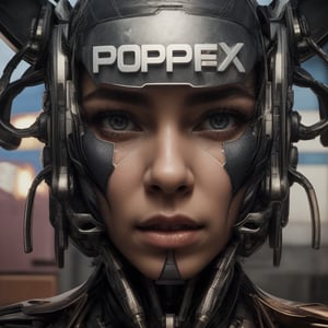 1girl, solo, looking at viewer, blue eyes, english text, lips, eyelashes, makeup, portrait, science fiction, realistic, android, cable, cyborg, cyberpunk, mechanical parts