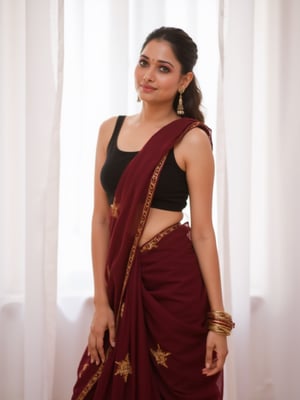 a medium-sized sexy indian woman stands in sidewise in front of a white curtain. She is dressed in a black sleeveless blouse with a maroon sari adorned with gold embroidery. Her hair is pulled back in a ponytail, and she is adorned with a pair of dangling earrings. Her bangles are gold, adding a touch of contrast to her dress. The backdrop is a stark white, creating a stark contrast to the woman's outfit.,photorealistic,Anupama, Warm Lighting,TamannaFlux, IMG0095.HEICl Viewing at camera in a  sensual way