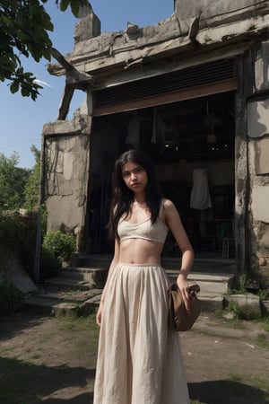 In the heart of a medieval town square, a young maiden stands out amidst the vibrant festival atmosphere. She wears a stunning Ukrainian-inspired traditional dress, its intricate patterns and colors shimmering in the warm sunlight that filters through the canvas tents. Vendors' stalls and mysterious medieval artifacts surround her, while the sound of merriment and music fills the air. The scene is set against a backdrop of lush greenery, with subtle watercolor hues evoking a sense of whimsy and wonder.