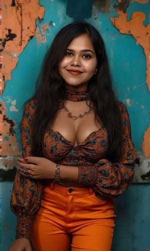 A stylish Mallu girl with a curvy, sexy figure poses confidently in a modern, non-traditional outfit adorned with traditional ornaments. She wears oversized, patterned turtleneck that stands out against a teal and orange background, graded with cinematic color tones. The scene captures a complex, action-oriented pose reminiscent of cyberpunk themes from Blade Runner and The Matrix, set in a highly stylized, photorealistic CGI environment. The abstract, textured background adds a pop art flair with bold, vibrant colors, enhancing the modern, high-quality 32K masterpiece. Studio lighting accentuates every detail, bringing a mix of traditional elements and futuristic vibes together in this dynamic composition