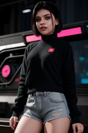 a beautiful female model, a beautiful young woman her striking red eyes and short black hair contrasting mechanically enhanced neck. She dons a black sweater adorned with white logos and text, while her black shorts are tucked into her intricate, detailed mechanical legs. The bold and striking appearance of the character is accentuated against a bright pink background, creating an immersive, cinematic experience that blends human and machine elements seamlessly within the cyberpunk aesthetic.