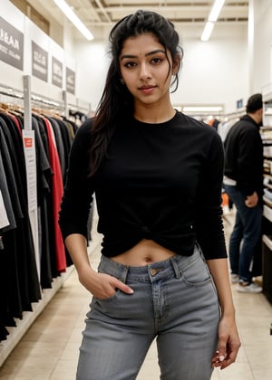  Lovely cute  acute an Instagram model 22 years old, full-length, long black_hair, black hair, in a big garment store indian, wearing jeans and red top, pony_tail.