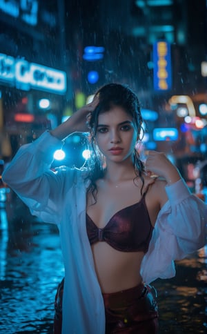 A stunning cyberpunk scene unfolds: a beautiful girl, Sree, stands confidently in the rain-soaked night, midriff exposed beneath a silky anarkali dress. Her sad face is bathed in good lighting, with a dynamic angel pose accentuating her curves. A flare of neon light illuminates her upper body, contrasting with the wetness of her skin and face. In the background, a futuristic mallu setting glows softly, with bokeh effects capturing the city's vibrant energy. Her white shirt glistens with raindrops, as she stands resolute against the urban landscape.