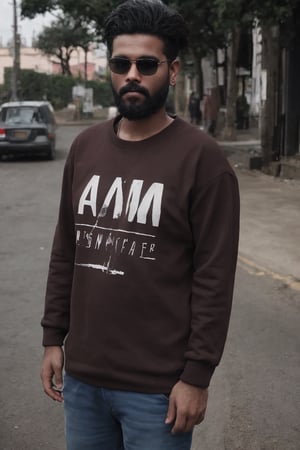 Beard man,  Cinematic color grading,  Shorton ((((face correction )))Sony a7iii,  perfect eyes,  ((black sunglass))(( brown skin)) Realistic photo of AM standing on a street Wearing a a sweter,  cyberpunk,,photorealistic