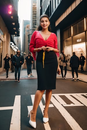 (best quality, photo-realistic:1.37), street fashion, vibrant colors, urban setting, dynamic lighting, stylish outfit, confident expression, fashionable accessories, bustling cityscape, busy pedestrians, modern architecture,29yo girl