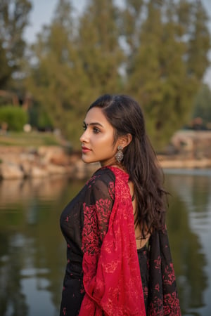 Captured at eye-level, a beautiful Indian woman, dressed in a black and red saree, stands in front of a body of water. Her hair is pulled back in a ponytail, and she's wearing a pair of silver earrings. Her left hand is resting on her hip, and her right hand is draped over her right shoulder. The backdrop is blurred, and the backdrop is a blend of green and brown trees.