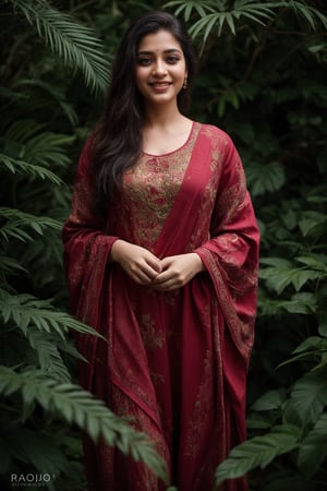 A stunning Kerala beauty poses in a lush botanical garden on a bright, sunny day. She wears a vibrant traditional embroidered dress adorned with intricate black, red, and green patterns, her Brown hair shining under the warm light. Her radiant smile captures the essence of joy as she stands amidst a tapestry of colorful flowers, the gentle breeze rustling the petals in harmony with her carefree laughter.