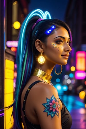 Subject: A captivatingly beautiful young woman with cascading black hair streaked with vibrant neon blue or purple highlights. Her skin is smooth and sun-kissed, adorned with intricate cybernetic enhancements like glowing bioluminescent tattoos or metallic ear cuffs that seamlessly blend with her traditional gold nose ring.