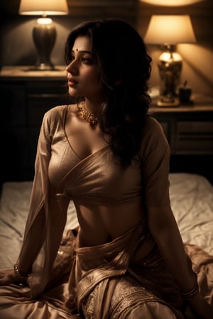 A stunning Mallu beauty poses against a warm-toned backdrop in a cinematic photo. Soft sidelighting enhances her features, while vibrant colors (1.3) and high contrast (HDR:1.2) create depth. Her long, flowing hair cascades down to thigh level, framing her face. Exquisite details and textures are captured in 16K resolution, with a realistic (photo-realistic:1.1) quality that's almost three-dimensional. The overall mood is warm and inviting, with ambient lighting adding to the sense of intimacy.