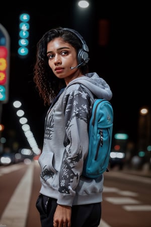 Mallu curly hair, Dreampolis, hyper-detailed digital illustration, cyberpunk, single girl with techsuite hoodie and headphones in the street, neon lights, lighting bar, city, cyberpunk city, film still, backpack, in megapolis, pro-lighting, high-res, masterpiece,photorealistic,22yo girl 