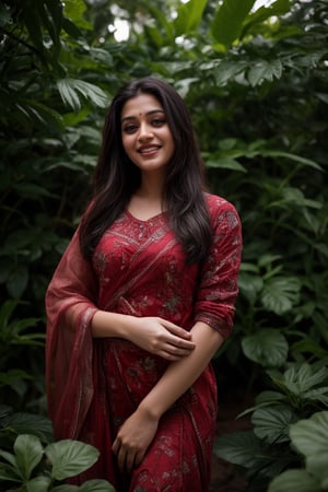 A stunning Kerala beauty poses in a lush botanical garden on a bright, sunny day. She wears a vibrant traditional embroidered dress adorned with intricate black, red, and green patterns, her Brown hair shining under the warm light. Her radiant smile captures the essence of joy as she stands amidst a tapestry of colorful flowers, the gentle breeze rustling the petals in harmony with her carefree laughter.