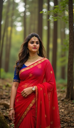 a woman with long, wavy brown hair stands in a forest. She in traditional outfit, adorned with a gold belt and a blue blouse, red saree, Her dress is adorned with gold stripes, adding a touch of color to the scene. The woman's attire is adorned by a gold necklace, adding an accent of charm to her outfit. The backdrop is lush, full of trees and foliage, creating a peaceful and natural backdrop.,mallu,Traditional,

The image is captured using a Fujifilm cinematic camera, with dramatic cinematic lighting enhancing the deep shadows and bright highlights. The scene is shot with a wide aperture, creating a shallow depth of field that blurs the forest background, making her the clear focal point. The camera angle is low, looking slightly upwards to give her an empowering, larger-than-life presence. The textures of the costume and her skin are rendered in high definition, with the soft, natural lighting adding a dreamlike quality to the image., (RAW photo, best quality), (realistic, photo-Realistic:1.1), best quality, masterpiece, beautiful and aesthetic, 16K, (HDR:1.2), high contrast, (vibrant color:1.3), (muted colors, dim colors, soothing tones:0), cinematic lighting, ambient lighting, sidelighting, Exquisite details and textures, cinematic shot, Warm tone, (Bright and intense:1.1), wide shot, by xm887, ultra realistic illustration, siena natural ratio,	head to thigh portrait,	long Wave hair, Traditional 