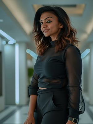 A beautiful 30-year-old Mallu (Malayali) woman with a dusky complexion, dressed in modern, high-fashion attire from the year 2100, standing in a sleek futuristic environment. She has elegant facial features with a warm smile, captured in a cinematic shot with a soft, dynamic lighting. Shot on IMAX camera, high-definition detail, realistic textures, and ultra-clear focus.,Mallu woman,Mallu woman