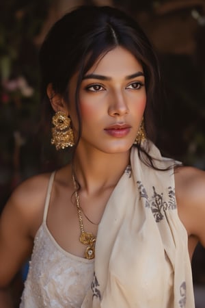 A close-up shot of a Indian woman in a black and white saree, adorned with gold earrings and a gold necklace. The woman's hair is pulled back in a ponytail, adding a touch of color to her face. The background is blurred, creating a stark contrast to the woman's outfit. The saree she is wearing is cream in color, with a black pattern on it. She is wearing a cream scarf around her waist, adding texture to her outfit.,Fantasy cosplay,Tran 