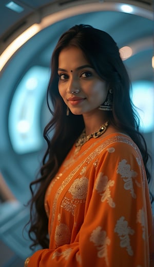 A stunning, realistic photography of a 25-year-old Malayali (Mallu) girl, radiating youthful beauty. She is dressed in traditional Indian attire, featuring a Kerala pattupavada—a beautiful, flowing Kerala gown—and a matching blouse. A delicately draped shawl (sholl) adds an elegant touch to her outfit, highlighting her cultural heritage.
Text background "AI PATTAPERUKKI", 
The background contrasts with her traditional look, set inside a futuristic spacecraft with a Mars Effect game theme. The environment is filled with advanced technology, with holographic displays, sleek metallic surfaces, and soft neon lighting that creates an otherworldly ambiance. The lighting subtly illuminates her face, enhancing her natural beauty and creating a blend of old-world charm and futuristic aesthetics.

The overall composition focuses on her serene and graceful presence, emphasizing her traditional attire against the backdrop of a high-tech, space-age setting. This creates a captivating fusion of culture and science fiction, making the image both visually striking and unique.