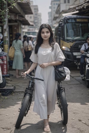 18yo girls road crossing, Crowd city, girls walking , bikes, car, Bus, busy cityCreate an realistic concept centered around a modern indian girl with fair skin with enchanting and timeless beauty. Her expressive eyes are windows to a world of emotion, her captivating smile leaves an indelible mark, and her flowing hair is a visual poetry. Explore how her gentle touch creates an aura that infuses every shared moment with a sense of destiny and magic. Develop the storyline, characters, and the world in which this enchanting girl exists, and let her presence be a driving force behind the themes and narrative. ,Realism, Mallugirl, Thrissur, Very crowded city,