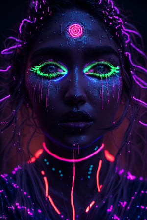 ((Beautiful women)), best quality,  8k,  ultra-detailed,  realistic:1.37,  vibrant colors,  vivid shading,  breathtaking portrait of an alien shapeshifter entity,  mesmerizing eyes,  intricate facial details,  otherworldly skin texture,  insane smile,  unnerving and intricate complexity,  surreal horror atmosphere,  dark shadows, ((( inverted neon rainbow drip paint)), ((( ethereal glow,  hypnotic energy, )))), transcendent beauty,  mystical aura,  octane render,,Realism,photorealistic,27yo women,Mallu,Bio Glowin neon line and dots on skin 