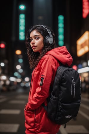 Mallu curly hair, Dreampolis, hyper-detailed digital illustration, cyberpunk, single girl with techsuite hoodie and headphones in the street, neon lights, lighting bar, city, cyberpunk city, film still, backpack, in megapolis, pro-lighting, high-res, masterpiece,photorealistic,22yo girl ,1 girl