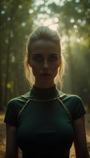 The image is captured using a Fujifilm cinematic camera, with dramatic cinematic lighting enhancing the deep shadows and bright highlights. The scene is shot with a wide aperture, creating a shallow depth of field that blurs the forest background, making her the clear focal point. The camera angle is low, looking slightly upwards to give her an empowering, larger-than-life presence. The textures of the costume and her skin are rendered in high definition, with the soft, natural lighting adding a dreamlike quality to the image.,Blond busty 