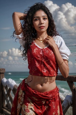 Create a realistic beautiful picture of ((Mallu girl)), cinematic colour grading, 16k, shot on Sony red cemara, traditional ornaments:1.5, gold necklace, earrings, gold ornaments on her hip, Indian, 1girl, solo, long hair, breasts, shirt, black hair, thighhighs, navel, cowboy shot, sky, midriff, cloud,, arm up, lips, crop top, cloudy sky, fire, lace trim, lace, realistic, lace-trimmed legwear, photorealistic,aodai cyber