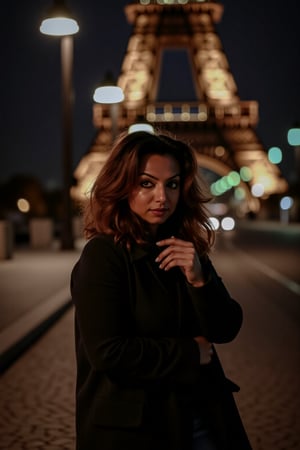 1girl, beautiful, paris, eiffel, night, masterpiece, best quality, high resolution, 8k, sharp focus, cinematography, cinematic lighting, movie scene, muted colors, professional, depth of field, photorealistic, magnificent, maximum details, (RAW, dslr, hdr, highest quality), smooth, roughness, hyper realistic, film grain, bokeh, epic, dramatic, wearing long coat, cinematic long shot, wide shot, full body shot, her long, looking at camera, smile, stand pose,Mallu woman