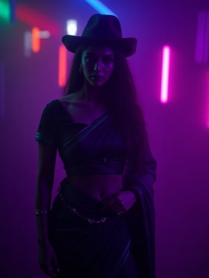 A mallu steampunk women, saree, midriff, The atmosphere is fun and inviting, featuring colors like black, blue, dark blue, dark purple, gray, light green, purple, and orange. Neon lights in pink, blue, and green illuminate the space, creating a bokeh and Depth of Fieldeffect. The focus is on the girl from the torso to the head, captured in a cinematic style with a Sony A7R IV full-frame camera,Futuristic 