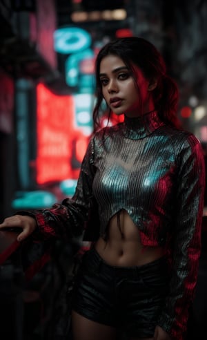 A striking Malayali woman in a cyberpunk-themed environment, captured in a realistic, high-definition photography style that mimics the quality of a Hollywood movie shot on a Sony Red cinematic camera. She is dressed in a futuristic outfit with sleek, metallic elements and neon accents, blending traditional beauty with a modern, edgy twist. Her short hair is styled to complement the cyberpunk aesthetic, perhaps with a bold color or sleek, asymmetrical cut. Midriff 

The setting is a neon-lit urban landscape, with towering buildings and holographic advertisements in the background. The scene is color graded in a strong teal and orange palette, enhancing the futuristic and dystopian atmosphere. Her face reflects determination and confidence, with dramatic lighting highlighting her features and casting dynamic shadows.

The camera angle and composition are cinematic, with a shallow depth of field that keeps the focus on the woman while subtly blurring the intricate details of the cyberpunk cityscape behind her. The overall image exudes a sense of gritty, futuristic elegance, combining the cultural elements of her Malayali heritage with the bold, high-tech world of cyberpunk.,Glowing dots on body