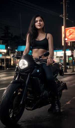 A stunning Malayali woman with short hair, dressed in a modern, stylish outfit that exposes her midriff. She is confidently riding a BMW S1000RR motorcycle, captured in a realistic, high-definition photography style. The woman has an expressive face, reflecting excitement and thrill as she rides the bike. Her outfit is contemporary, perhaps a crop top paired with high-waisted jeans or a leather jacket, fitting the sleek and bold vibe of the scene.

The image is color graded in a cinematic style, reminiscent of the Matrix movie, with a strong teal and orange color palette that enhances the intensity of the scene. The lighting creates a dramatic effect, highlighting the contours of her face and the shine of the motorcycle. The background is slightly blurred to emphasize motion, but still hints at an urban environment. The overall composition exudes a sense of modernity, freedom, and adventure, with the woman and the bike as the focal points.
