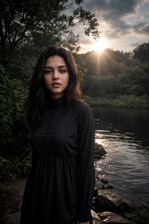 Best work, (Best quality, ,HDR, 8k, 32k, raw photo, photorealistic, UHD:1.2), beautiful 20 year old girl in long black dress at the lakeside in a forest, eyes, blue hair, detailed face, perfect face, pond, dark sky, lights in the background, realism, red sky, detailed sky, realistic clouds, sun, bright environment, late afternoon, sun rays in the clouds