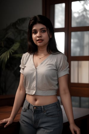 A 28-year-old woman with plump features stands majestically in a dimly lit room,  bathed in neon lights and glowing accents. The Fujifilm camera captures every detail, showcasing vibrant colors and mesmerizing eyes radiating an inner light. She wears a blouse:1.4,  gown:1.4, exposed_midriff, accessorized by a gleaming diamond pendant, the futuristic setting. The photorealistic lighting and composition,