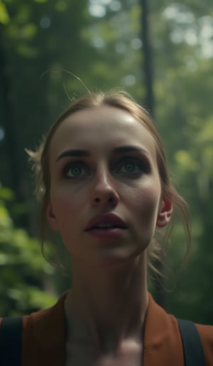 The image is captured using a Fujifilm cinematic camera, with dramatic cinematic lighting enhancing the deep shadows and bright highlights. The scene is shot with a wide aperture, creating a shallow depth of field that blurs the forest background, making her the clear focal point. The camera angle is low, looking slightly upwards to give her an empowering, larger-than-life presence. The textures of the costume and her skin are rendered in high definition, with the soft, natural lighting adding a dreamlike quality to the image.