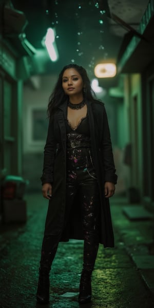 A photorealistic portrait of an Indian woman with a caramel complexion and long, flowing black hair. She is wearing a form-fitting black jumpsuit with holographic details and a long trench coat. Her expression is calm and confident as she stands in a futuristic, dark alleyway with green neon lights illuminating the scene. The background features floating digital symbols, adding a sci-fi Matrix vibe. The lighting is moody, with a green glow reflecting off her tech gear, giving her an otherworldly presence.
