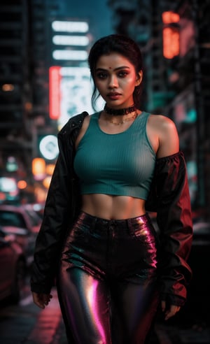 A striking Malayali woman in a cyberpunk-themed environment, captured in a realistic, high-definition photography style that mimics the quality of a Hollywood movie shot on a Sony Red cinematic camera. She is dressed in a futuristic outfit with sleek, metallic elements and neon accents, blending traditional beauty with a modern, edgy twist. Her short hair is styled to complement the cyberpunk aesthetic, perhaps with a bold color or sleek, asymmetrical cut. Midriff 

The setting is a neon-lit urban landscape, with towering buildings and holographic advertisements in the background. The scene is color graded in a strong teal and orange palette, enhancing the futuristic and dystopian atmosphere. Her face reflects determination and confidence, with dramatic lighting highlighting her features and casting dynamic shadows.

The camera angle and composition are cinematic, with a shallow depth of field that keeps the focus on the woman while subtly blurring the intricate details of the cyberpunk cityscape behind her. The overall image exudes a sense of gritty, futuristic elegance, combining the cultural elements of her Malayali heritage with the bold, high-tech world of cyberpunk.,Glowing dots on body