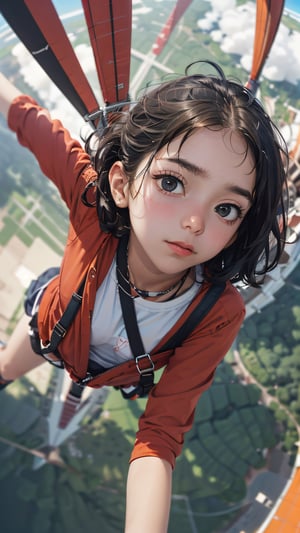 (masterpiece), (best quality), (ultra-detailed),  (a girl on his way), (((Soaring in the sky:1.5))), overexposure, bokeh,Eyes looking up from 45 degrees below, Riding on an open parachute,((open parachute1.2)), (View looking up at 45 degrees from below1.2) ,15yo