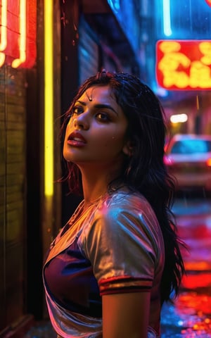 shot of a fiery-eyed Indian woman, her dark hair whipping around her face as she scowls at the camera. Midriff exposed ,  ((hand pointing to viewers)), Framed by a dimly lit alleyway's neon signs and rain-soaked pavement, the gritty atmosphere heightens the tension in her gaze. Her beauty is tempered by anger, her full lips pursed in a snarl as she confronts the unknown. Cinematic photography captures every nuance of her expression, inviting the viewer to step into her world.