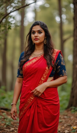 a woman with long, wavy brown hair stands in a forest. She in traditional outfit, adorned with a gold belt and a blue blouse, red saree, Her dress is adorned with gold stripes, adding a touch of color to the scene. The woman's attire is adorned by a gold necklace, adding an accent of charm to her outfit. The backdrop is lush, full of trees and foliage, creating a peaceful and natural backdrop.,mallu,Traditional,

The image is captured using a Fujifilm cinematic camera, with dramatic cinematic lighting enhancing the deep shadows and bright highlights. The scene is shot with a wide aperture, creating a shallow depth of field that blurs the forest background, making her the clear focal point. The camera angle is low, looking slightly upwards to give her an empowering, larger-than-life presence. The textures of the costume and her skin are rendered in high definition, with the soft, natural lighting adding a dreamlike quality to the image., (RAW photo, best quality), (realistic, photo-Realistic:1.1), best quality, masterpiece, beautiful and aesthetic, 16K, (HDR:1.2), high contrast, (vibrant color:1.3), (muted colors, dim colors, soothing tones:0), cinematic lighting, ambient lighting, sidelighting, Exquisite details and textures, cinematic shot, Warm tone, (Bright and intense:1.1), wide shot, by xm887, ultra realistic illustration, siena natural ratio,	head to thigh portrait,	long Wave hair, Traditional 