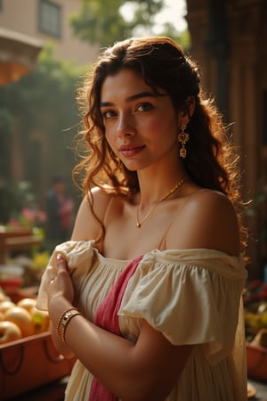 Stunning 8K CG masterpiece captures the essence of the bustling streets of ancient Rome. In the sun, in the light and shadow, a very beautiful woman with fair skin, long flowing hair as soft as silk, and exquisite, luxurious, and precious clothing poses in an authentic street stall. Her delicate face, smart eyes, long and thick eyelashes, and delicate nose are all displayed in detail. Her earrings, bracelets, gold bracelets, and rings seem to have come out of an art museum. Natural light gives her a beautiful glow, making her look even more beautiful. A delicate hand holds the vendor's goods, and her eyes seem to contain the secrets of this ancient city. Shadows dance precisely across the scene, adding depth and dimension to this ultra-detailed, realistic illustration.,16yo,Cinematic ,Realistic.,RAW 

The image is captured using a Fujifilm cinematic camera, with dramatic cinematic lighting enhancing the deep shadows and bright highlights. The scene is shot with a wide aperture, creating a shallow depth of field that blurs the forest background, making her the clear focal point. The camera angle is low, looking slightly upwards to give her an empowering, larger-than-life presence. The textures of the costume and her skin are rendered in high definition, with the soft, natural lighting adding a dreamlike quality to the image.,Midjourney_Whisper,Traditional 