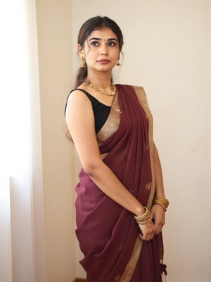 a medium-sized sexy indian woman stands in sidewise in front of a white curtain. She is dressed in a black sleeveless blouse with a maroon sari adorned with gold embroidery. Her hair is pulled back in a ponytail, and she is adorned with a pair of dangling earrings. Her bangles are gold, adding a touch of contrast to her dress. The backdrop is a stark white, creating a stark contrast to the woman's outfit.,photorealistic,Anupama, Warm Lighting,TamannaFlux, IMG0095.HEICl Viewing at camera in a  sensual way,Gil25yo