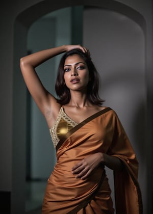 Tron legacy movie style, A stunning portrait of a 25-year-old woman wearing a saree, captured with a Canon 1DX and 50mm f/2.8 lens. The framing of the shot emphasizes her curves as she poses confidently, navel exposed. Soft, natural lighting accentuates her features, while the high-resolution image quality reveals intricate details in the fabric of her attire.,Girl25yo,Futuristic 