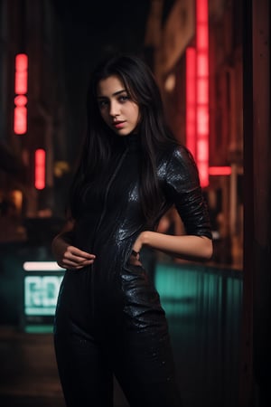 In a neon-drenched cyberpunk world, a stunning 16-year-old woman wears a sleek black jumpsuit, her toned arms and long legs glistening under Tron-like lights. Close-up shot captures her confident pose: one leg bent at an angle, hand on hip, as vibrant Matrix-inspired hues of electric blue and fiery orange dance across her features.