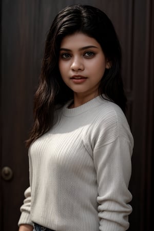 A serene portrait of a young girl with striking features. The shot is framed against a neutral background, allowing her to take center stage. Her long, raven-black hair cascades down her back in two delicate twin braids, which perfectly complement her piercing black eyes. A soft, cozy sweater adorns her torso, adding a touch of warmth to the overall mood. Her lips are painted with a subtle shade that adds a hint of sweetness to her enigmatic expression. The lighting is gentle and natural, casting a flattering glow on her porcelain skin.