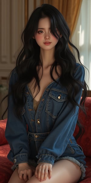 pretty 1girl, long straight black hair, wearing denim cover all fashion, super high quality, real images, lifelike, real skin, soft lighting, Cinematic, (Surrealism: 1.2), (8K UHD: 1.2), (Photorealism: 1.2), Shot with medium format camera, Professional camera, Perfectly Delicate and Rich in Detail, (masterpiece, top quality, best quality, official art, beautiful and aesthetic:1.2), (((1girl))), dynamic pose, extreme detailed,Big bearsts,Curvy plump women:1,  

 (RAW photo, best quality), (realistic, photo-Realistic:1.1), best quality, masterpiece, beautiful and aesthetic, 16K, (HDR:1.2), high contrast, (vibrant color:1.3), (muted colors, dim colors, soothing tones:0), cinematic lighting, ambient lighting, sidelighting, Exquisite details and textures, cinematic shot, Warm tone, (Bright and intense:1.1), wide shot, by xm887, ultra realistic illustration, siena natural ratio,	head to thigh portrait,	long Wave hair, 