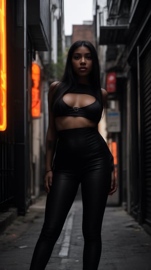 Edgy Noire's upper body shot captures a mysterious woman juxtaposing casual and high-fashion elements. She wears a distressed hoodie with bold logos and a sleek designer bodysuit beneath, paired with futuristic cyber leggings that seem to shimmer in the dimly lit cyberpunk alleyway. Her pose is confident yet enigmatic, as she stands amidst a haze of neon lights and urban decay.