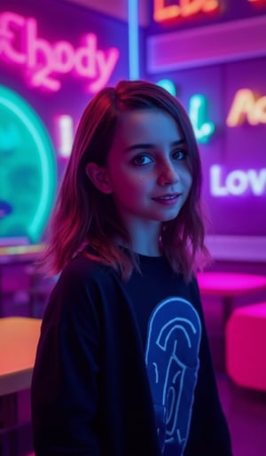 The atmosphere is fun and inviting, featuring colors like black, blue, dark blue, dark purple, gray, light green, purple, and orange. Neon lights in pink, blue, and green illuminate the space, creating a bokeh and Depth of Fieldeffect. The focus is on the girl from the torso to the head, captured in a cinematic style with a Sony A7R IV full-frame camera