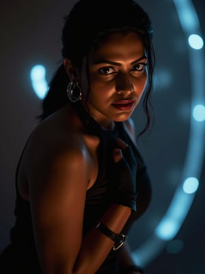 Tron legacy movie style, A stunning portrait of a woman,  captured with a Canon 1DX and 50mm f/2.8 lens. The framing of the shot emphasizes her curves as she poses confidently, navel exposed. Soft, natural lighting accentuates her features, while the high-resolution image quality reveals intricate details in the fabric of her attire.,xamala