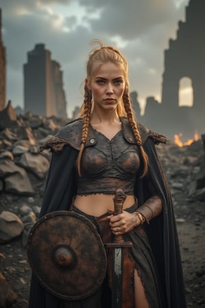 A portrait of a Viking shieldmaiden standing amidst the ruins of a once-great village, now reduced to ashes and rubble. Her face is hardened, eyes scanning the horizon with a mixture of sorrow and steely resolve. She holds her shield close to her body, its surface charred and cracked, and her other hand rests on the hilt of a sword. Her armor is scorched, and her braids are singed, but she stands tall, embodying the unbreakable spirit of a survivor. The background is filled with the remnants of smoldering buildings, with the sky above heavy with dark, swirling clouds. beautiful body, hourglass body,
