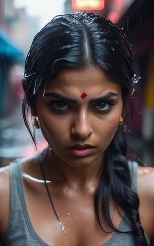 shot of a fiery-eyed Indian woman, her dark hair whipping around her face as she scowls at the camera. Midriff exposed ,  ((hand pointing to viewers)), Framed by a dimly lit alleyway's neon signs and rain-soaked pavement, the gritty atmosphere heightens the tension in her gaze. Her beauty is tempered by anger, her full lips pursed in a snarl as she confronts the unknown. Cinematic photography captures every nuance of her expression, inviting the viewer to step into her world.