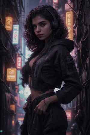 Mallu curly hair, sexy, Crop top, navel, busty, 22 yo , neon colour, front view, cinematic colour grading, Dreampolis, hyper-detailed digital illustration, cyberpunk, single girl with techsuite hoodie and headphones in the street, neon lights, lighting bar, city, cyberpunk city, film still, pro-lighting, high-res, masterpiece,photorealistic,22yo girl ,1 girl,midjourney,CyberpunkWorld