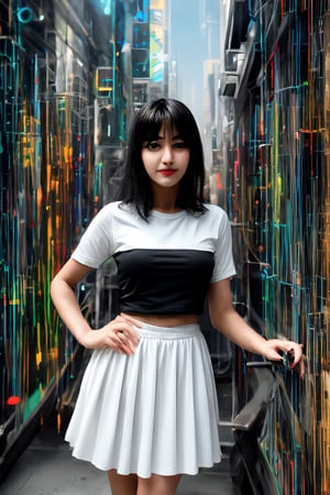 1girl, solo, long hair, breasts, blue eyes, skirt, shirt, black hair, holding, jewelry, standing, short sleeves, earrings, parted lips, lips, see-through, white skirt, science fiction, realistic, nose, cyberpunk